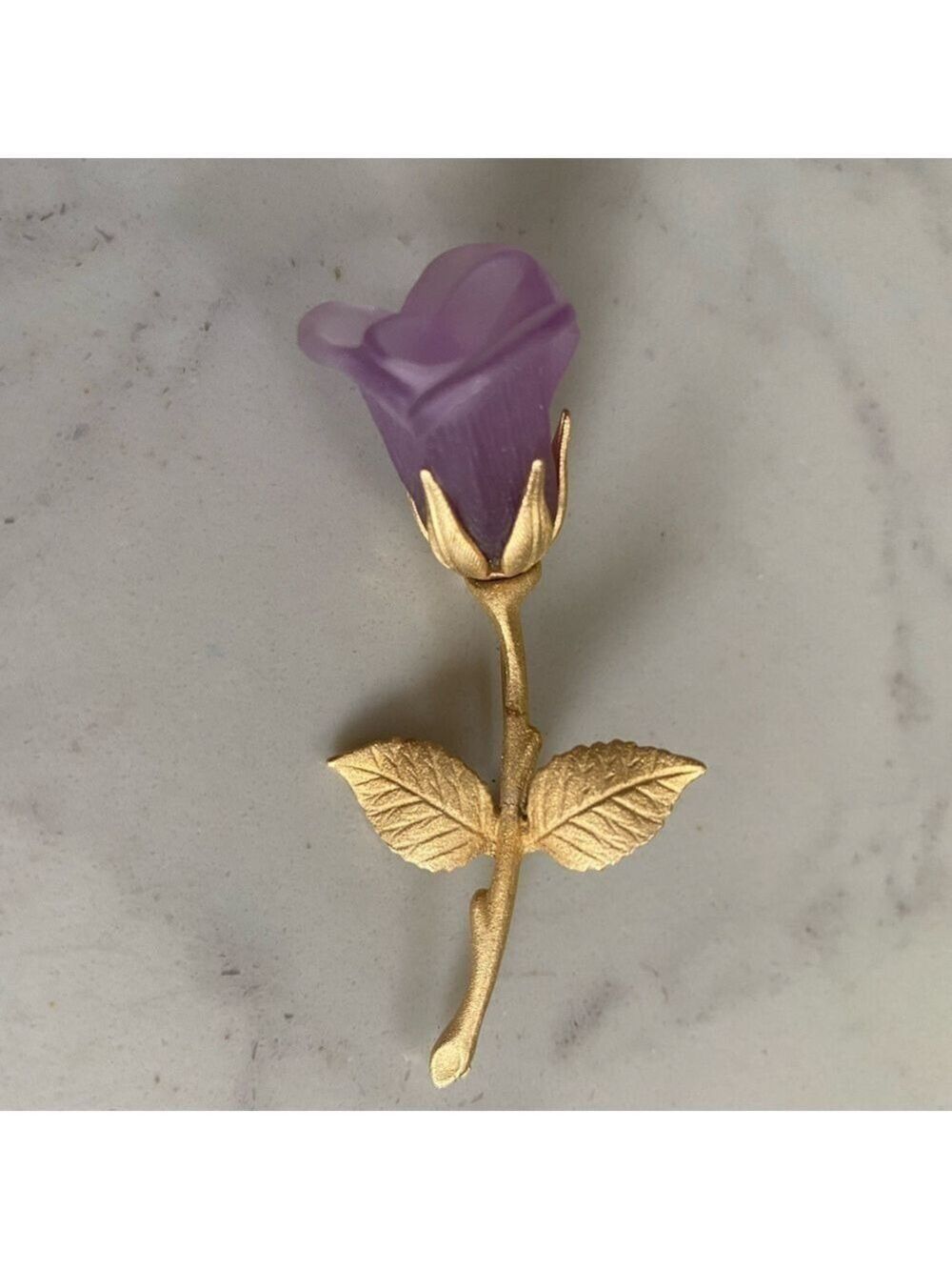 Vintage Gold Long Stemmed Purple Rose Brooch Lapel Pin